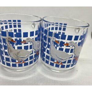 2 VTG Carlton 1982 Glass GOOSE  Mugs Blue Checkered  cottage core